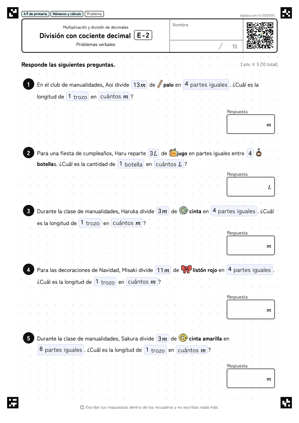 4.º de primaria Multiplicación y división de decimales División con cociente decimal