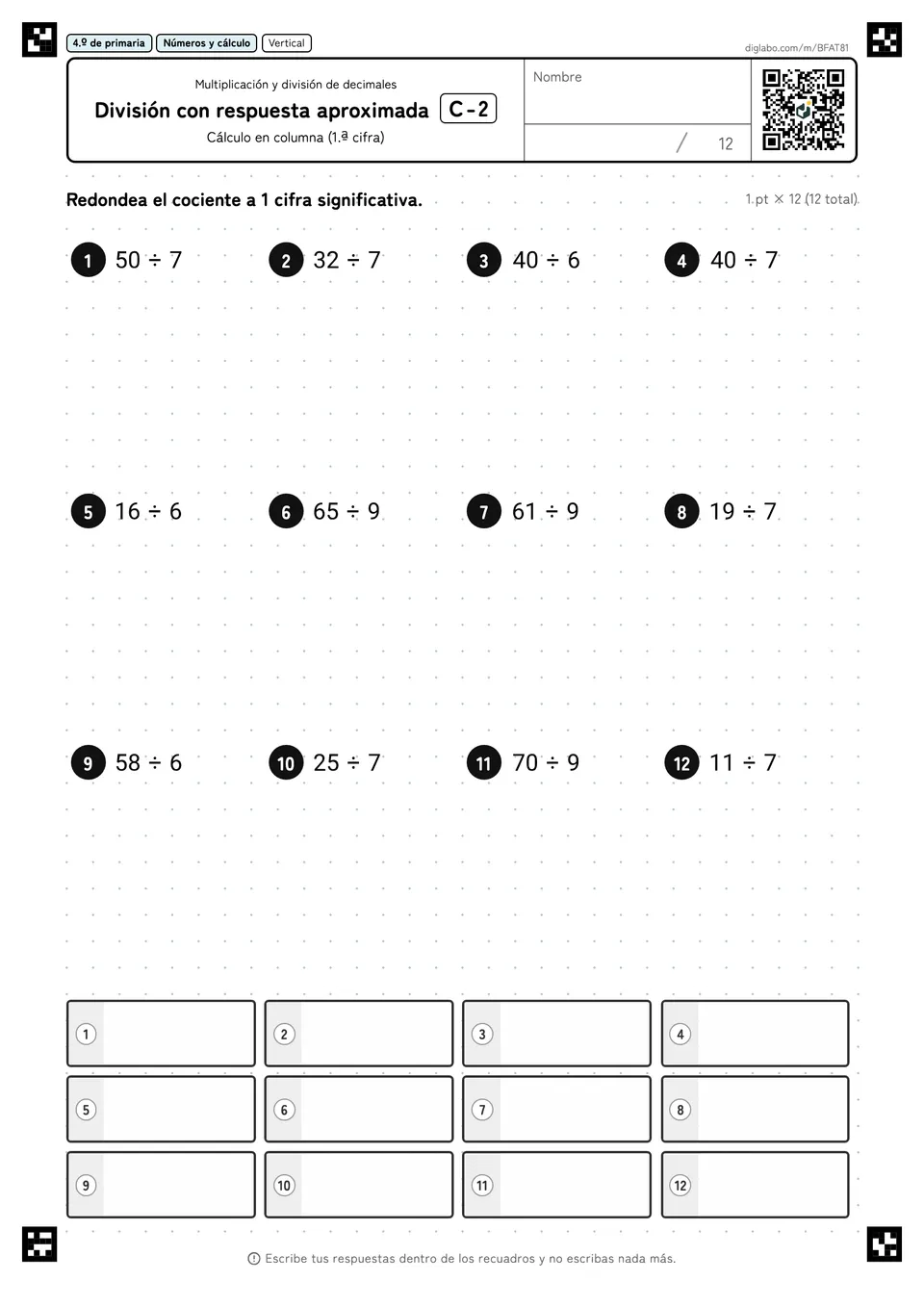 4.º de primaria Multiplicación y división de decimales División con respuesta aproximada