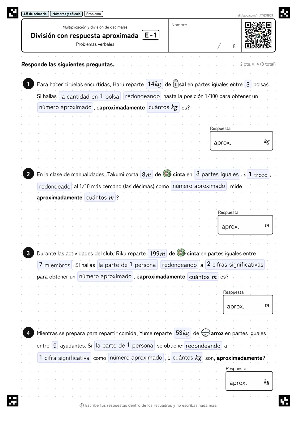 4.º de primaria Multiplicación y división de decimales División con respuesta aproximada