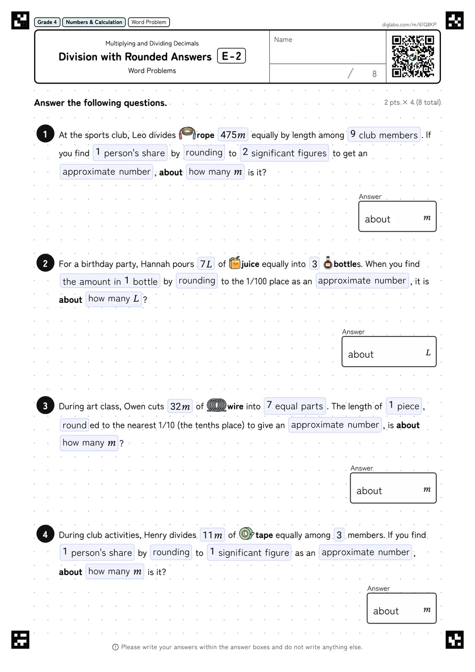 Grade 4 (Elementary School) Multiplying and Dividing Decimals Division with Rounded Answers