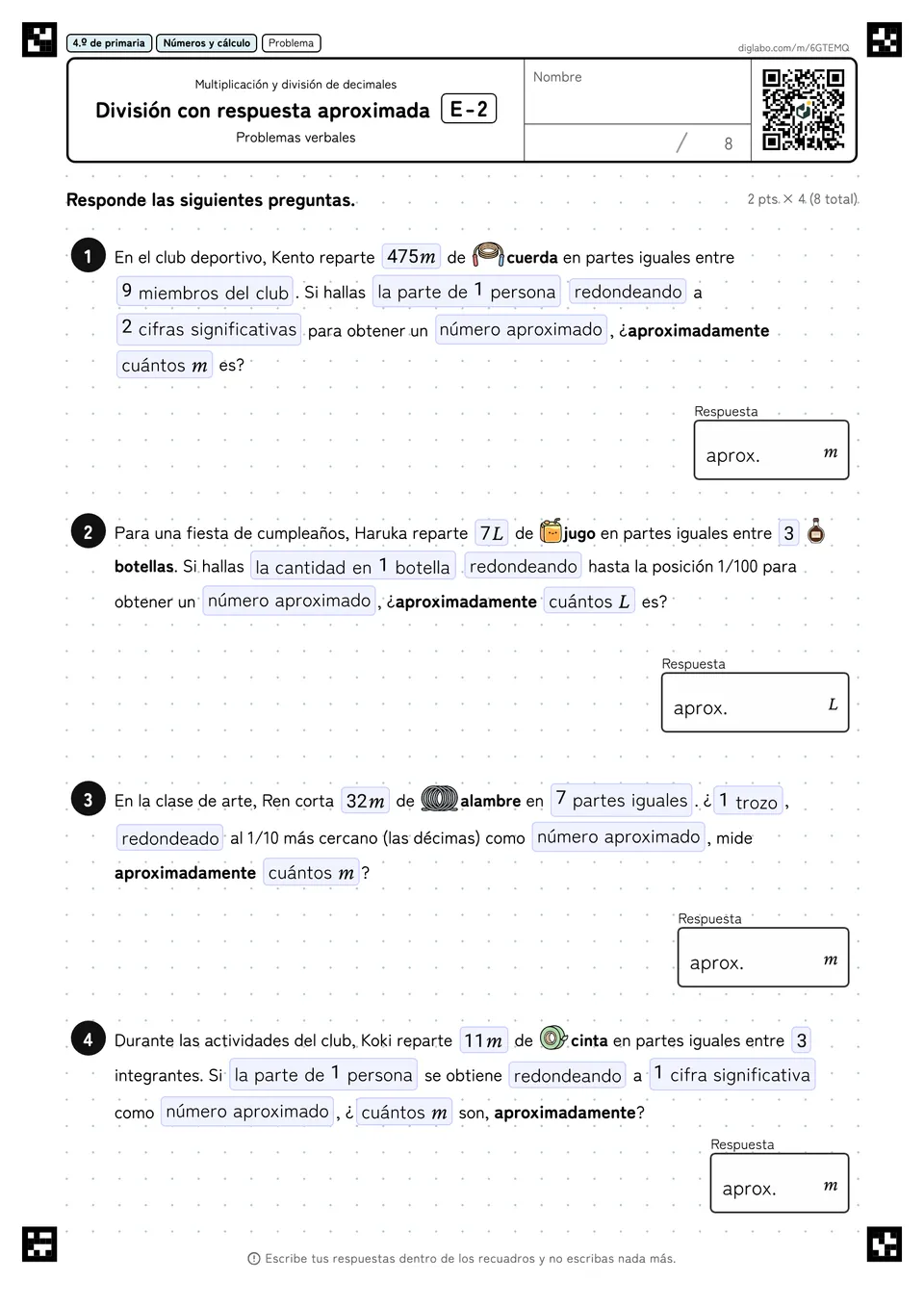 4.º de primaria Multiplicación y división de decimales División con respuesta aproximada
