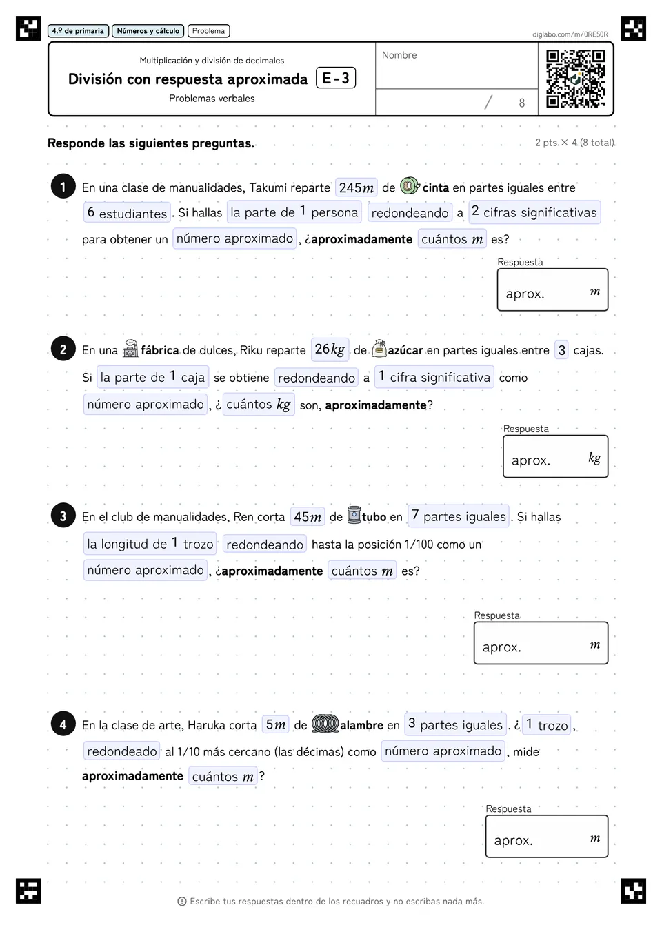 4.º de primaria Multiplicación y división de decimales División con respuesta aproximada
