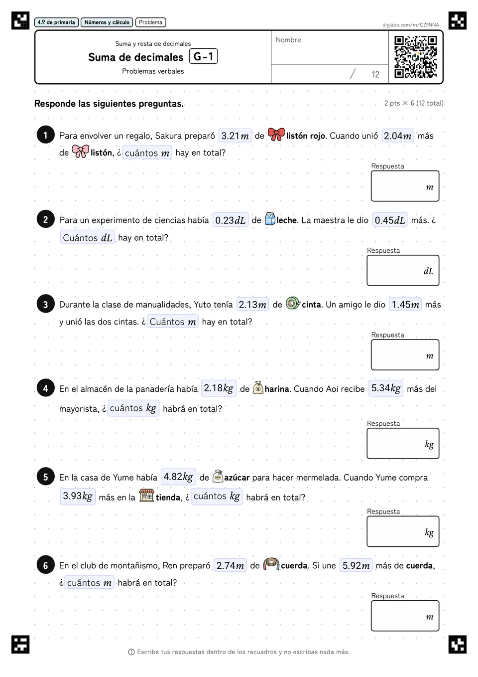 4.º de primaria Suma y resta de decimales Suma de decimales