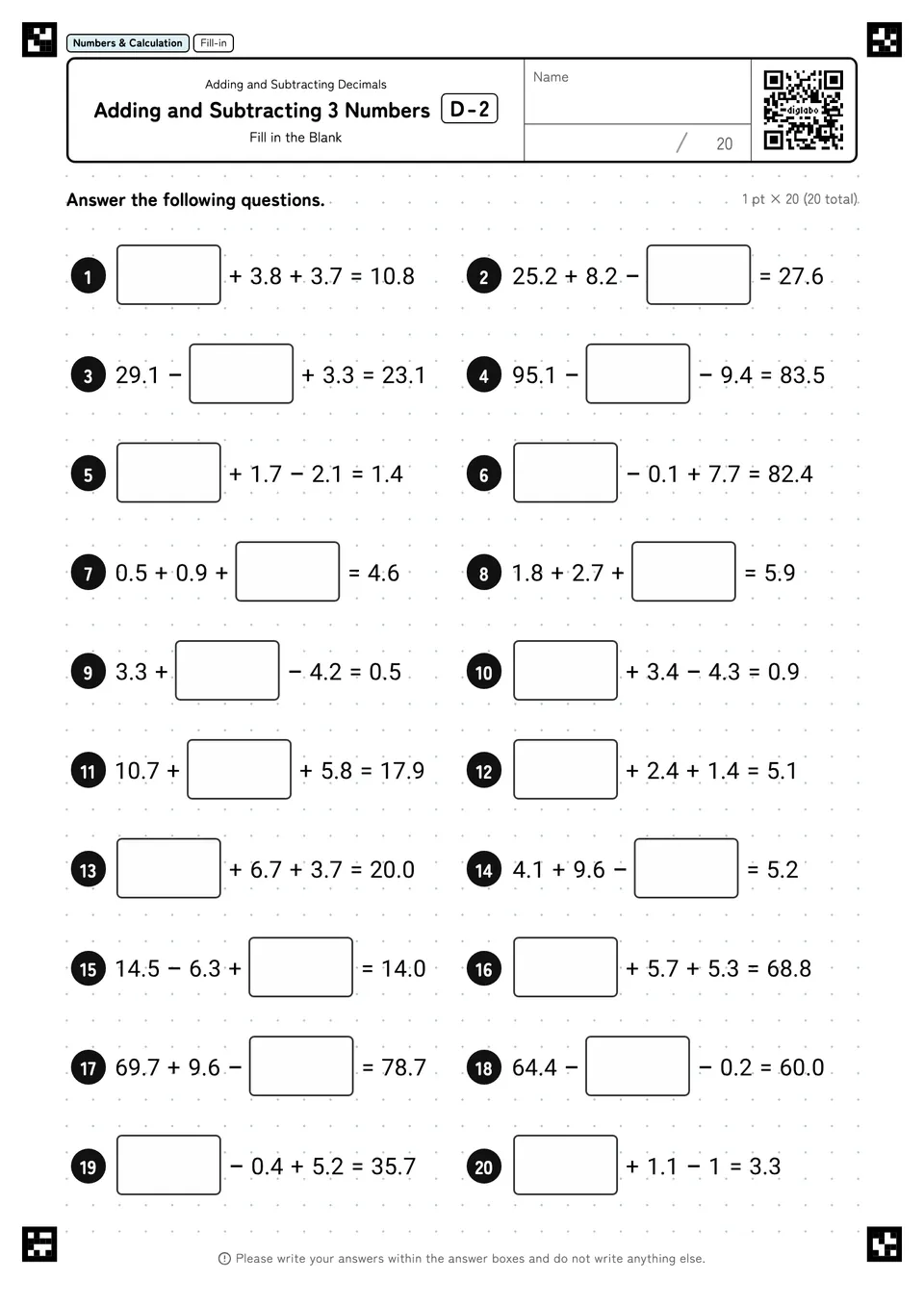 Adding and Subtracting 3 Numbers D-2