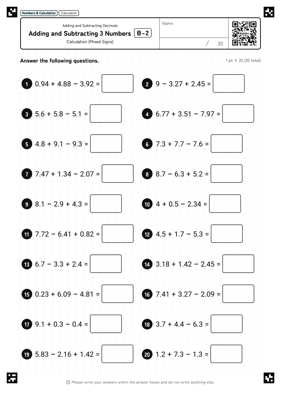 Adding and Subtracting 3 Numbers B-2