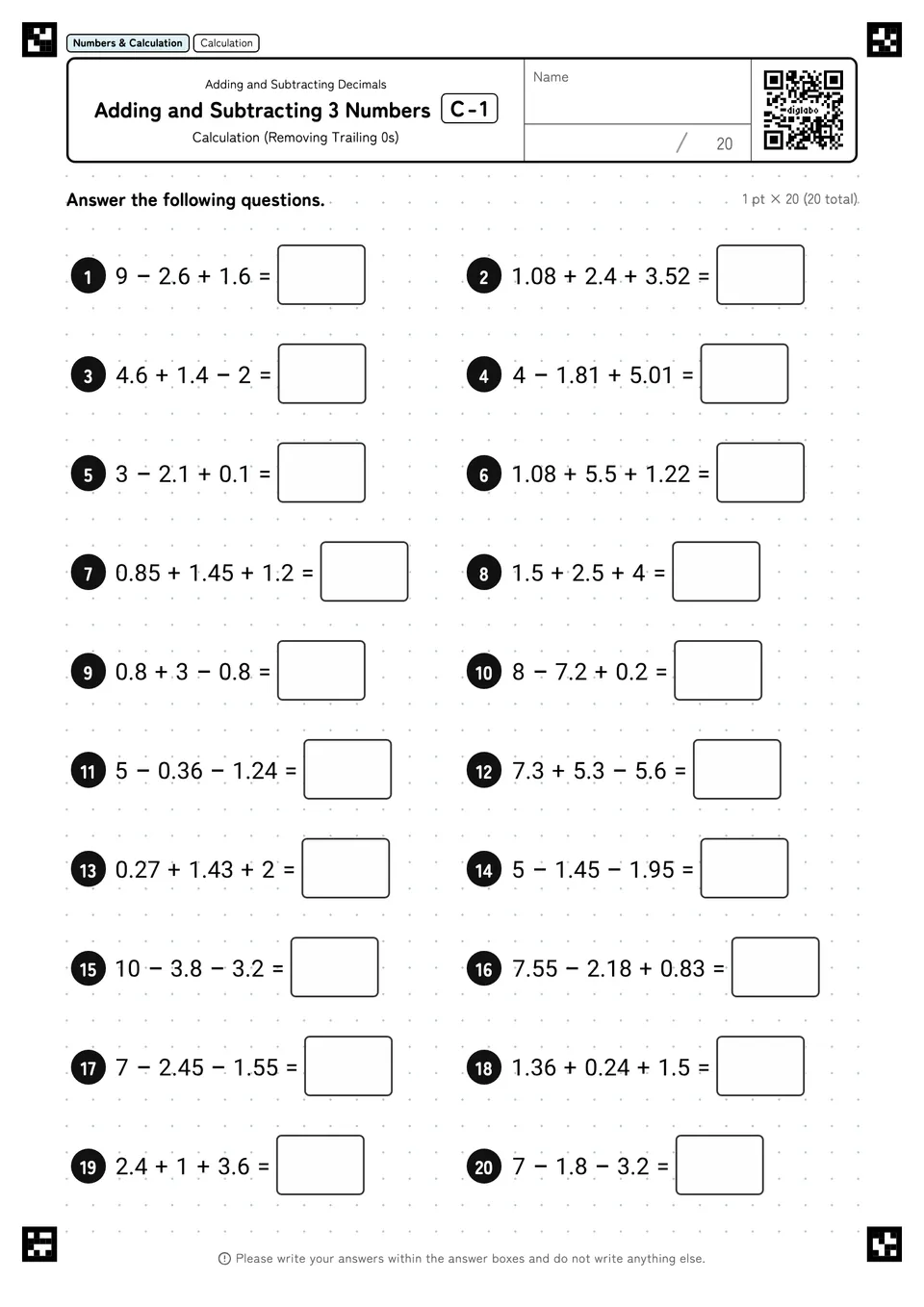 Adding and Subtracting 3 Numbers C-1