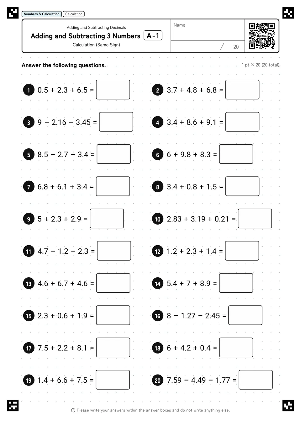 Adding and Subtracting 3 Numbers A-1