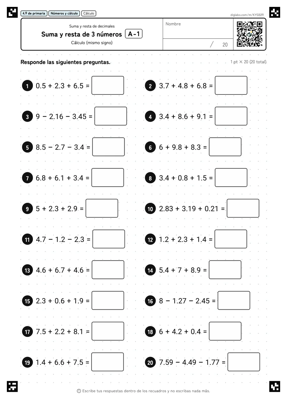4.º de primaria Suma y resta de decimales Suma y resta de 3 números