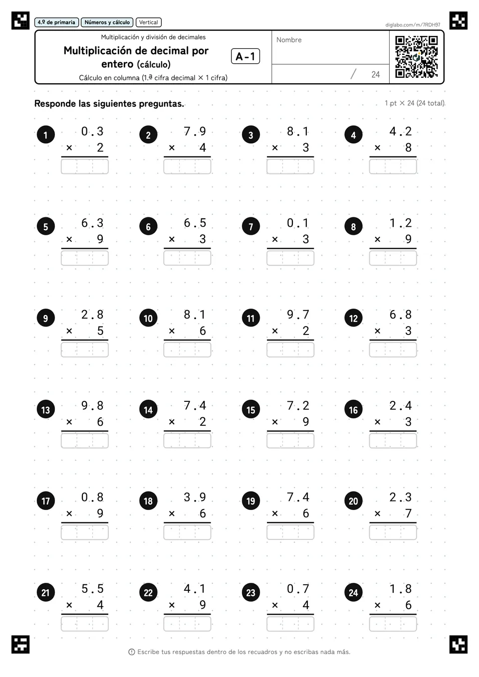4.º de primaria Multiplicación y división de decimales Multiplicación de decimal por entero (cálculo)