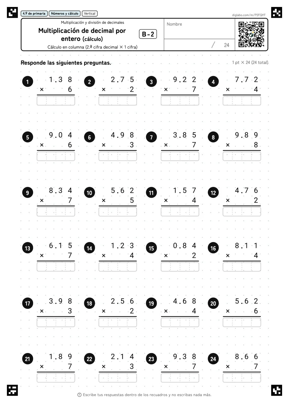 4.º de primaria Multiplicación y división de decimales Multiplicación de decimal por entero (cálculo)