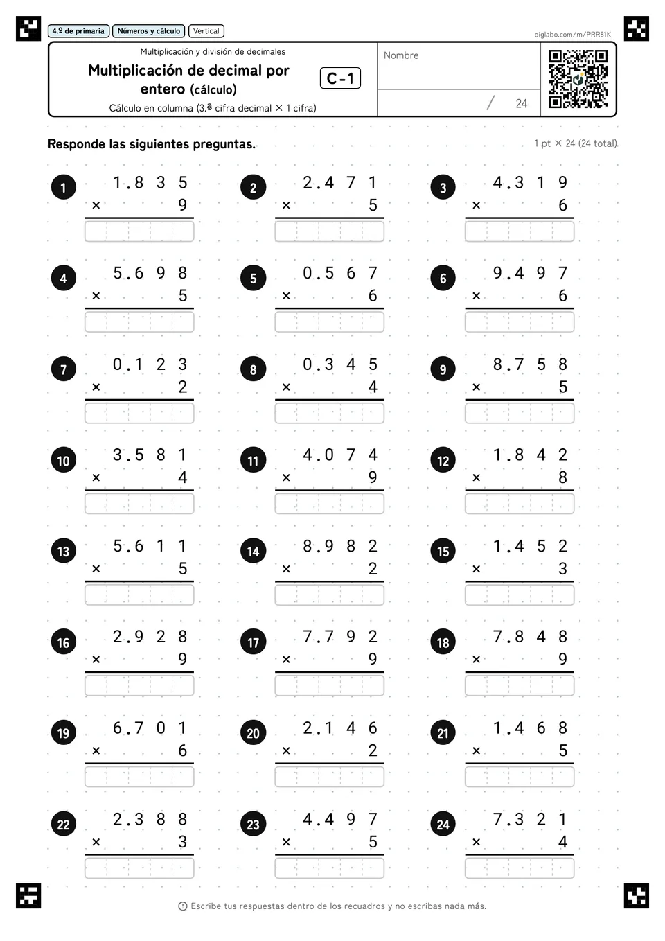 4.º de primaria Multiplicación y división de decimales Multiplicación de decimal por entero (cálculo)