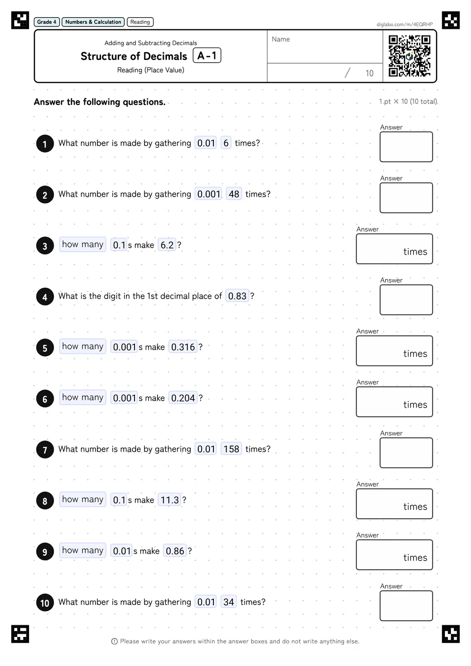 Grade 4 (Elementary School) Adding and Subtracting Decimals Structure of Decimals
