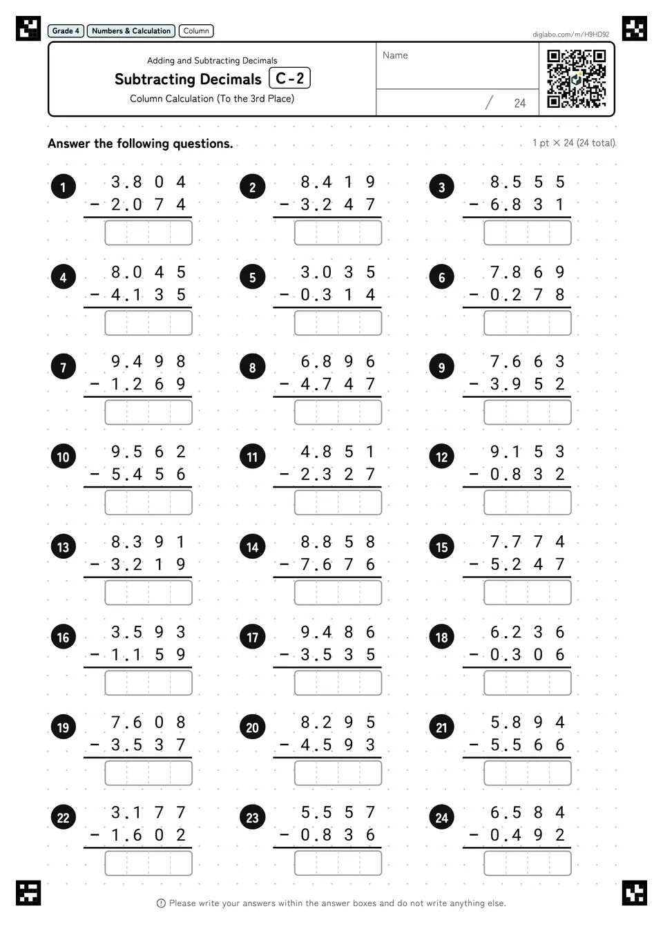 Grade 4 (Elementary School) Adding and Subtracting Decimals Subtracting Decimals