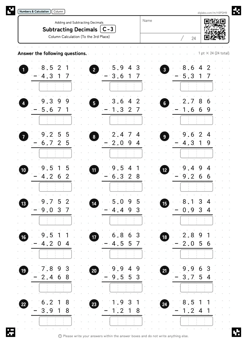 Subtracting Decimals C-3