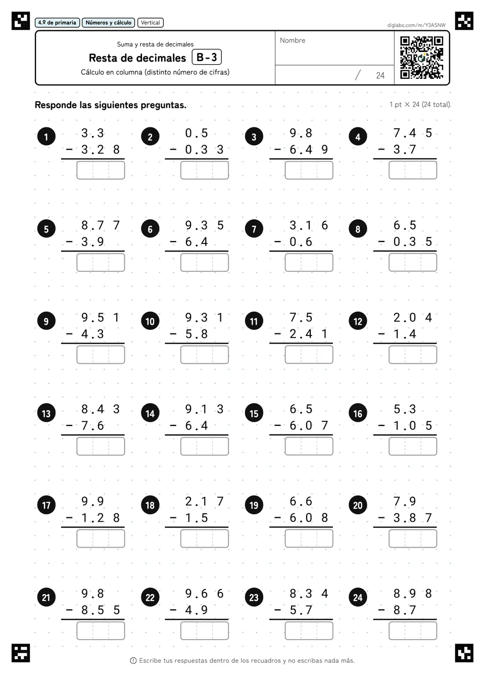 4.º de primaria Suma y resta de decimales Resta de decimales
