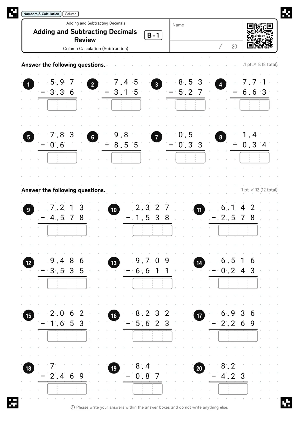 Adding and Subtracting Decimals Review B-1