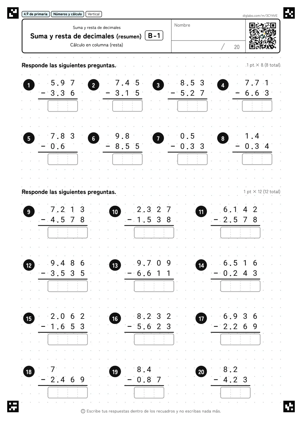 4.º de primaria Suma y resta de decimales Suma y resta de decimales (resumen)