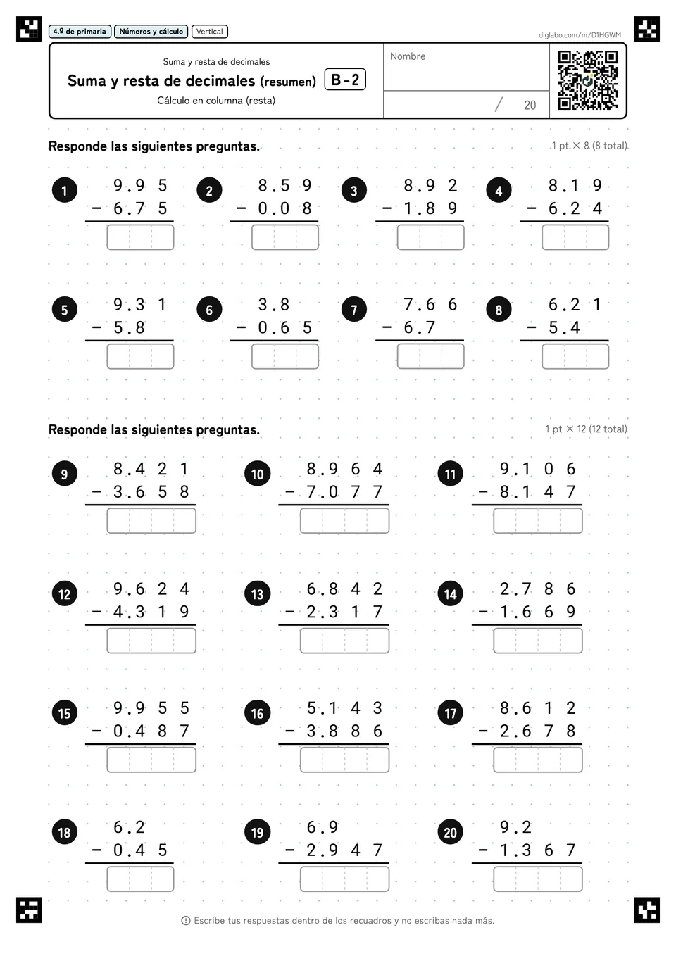 4.º de primaria Suma y resta de decimales Suma y resta de decimales (resumen)
