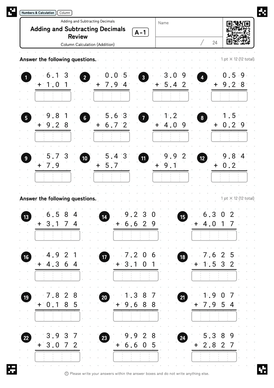 Adding and Subtracting Decimals Review A-1