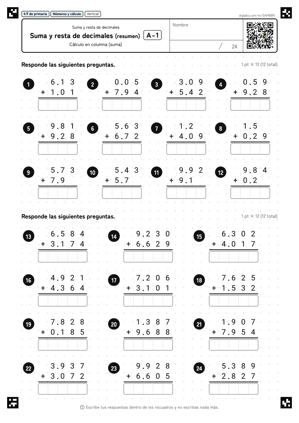 4.º de primaria Suma y resta de decimales Suma y resta de decimales (resumen)