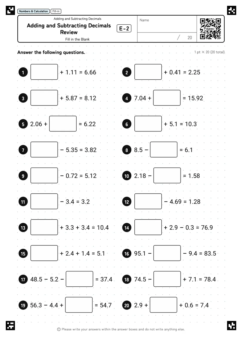 Adding and Subtracting Decimals Review E-2