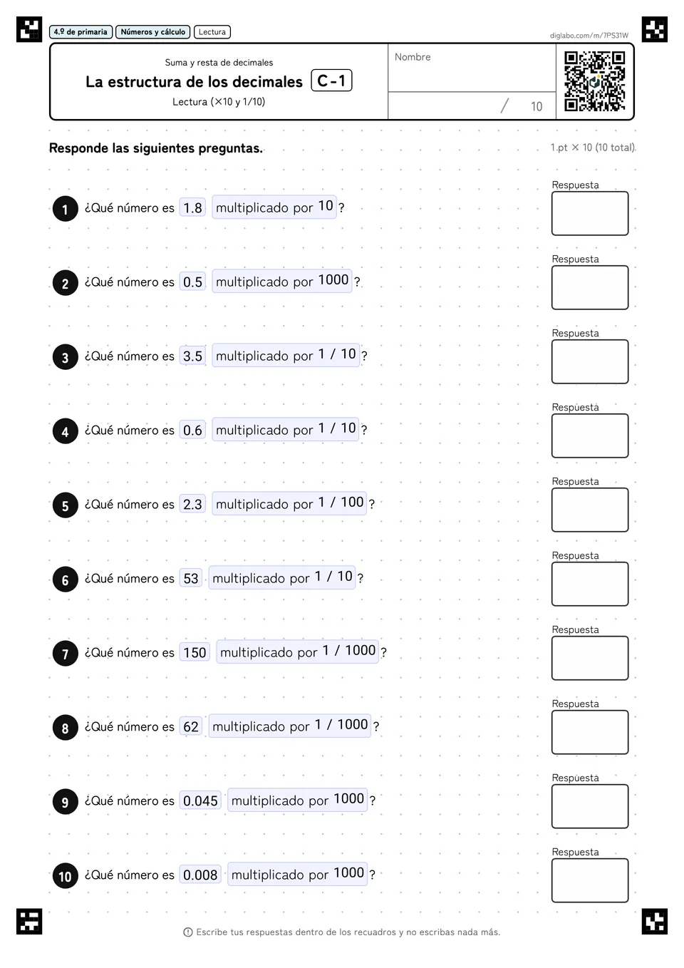 4.º de primaria Suma y resta de decimales La estructura de los decimales