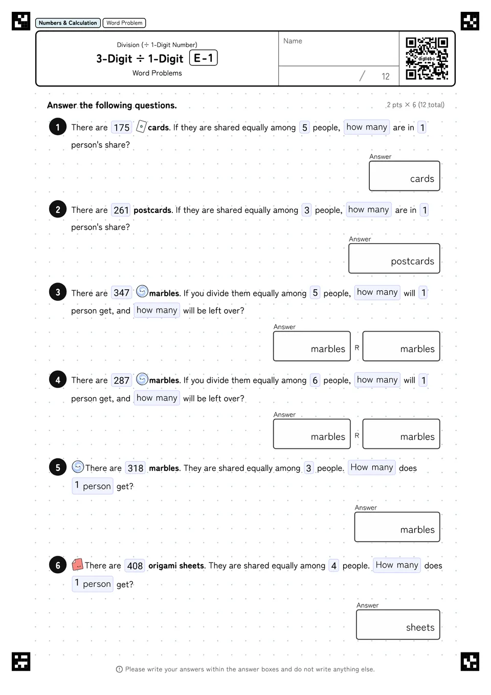 3-Digit ÷ 1-Digit E-1