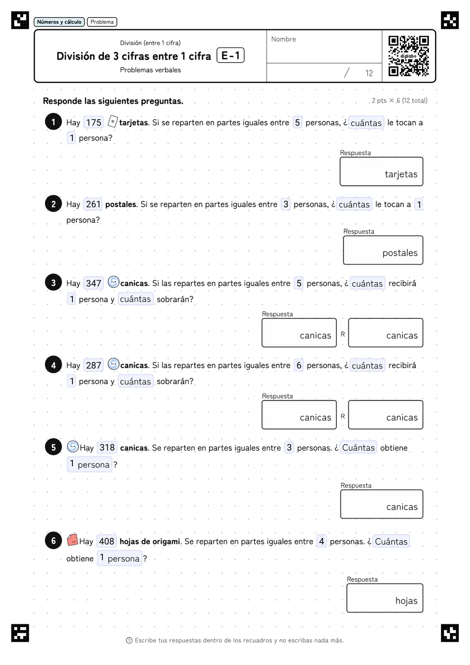 División de 3 cifras entre 1 cifra E-1