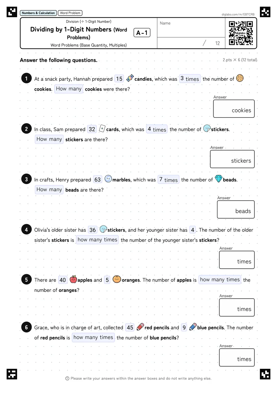 Dividing by 1-Digit Numbers (Word Problems) A-1
