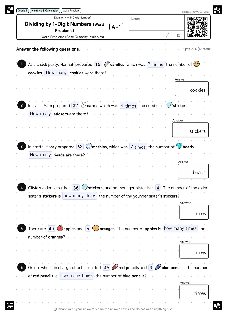 Grade 4 (Elementary School) Division (÷ 1-Digit Number) Dividing by 1-Digit Numbers (Word Problems)