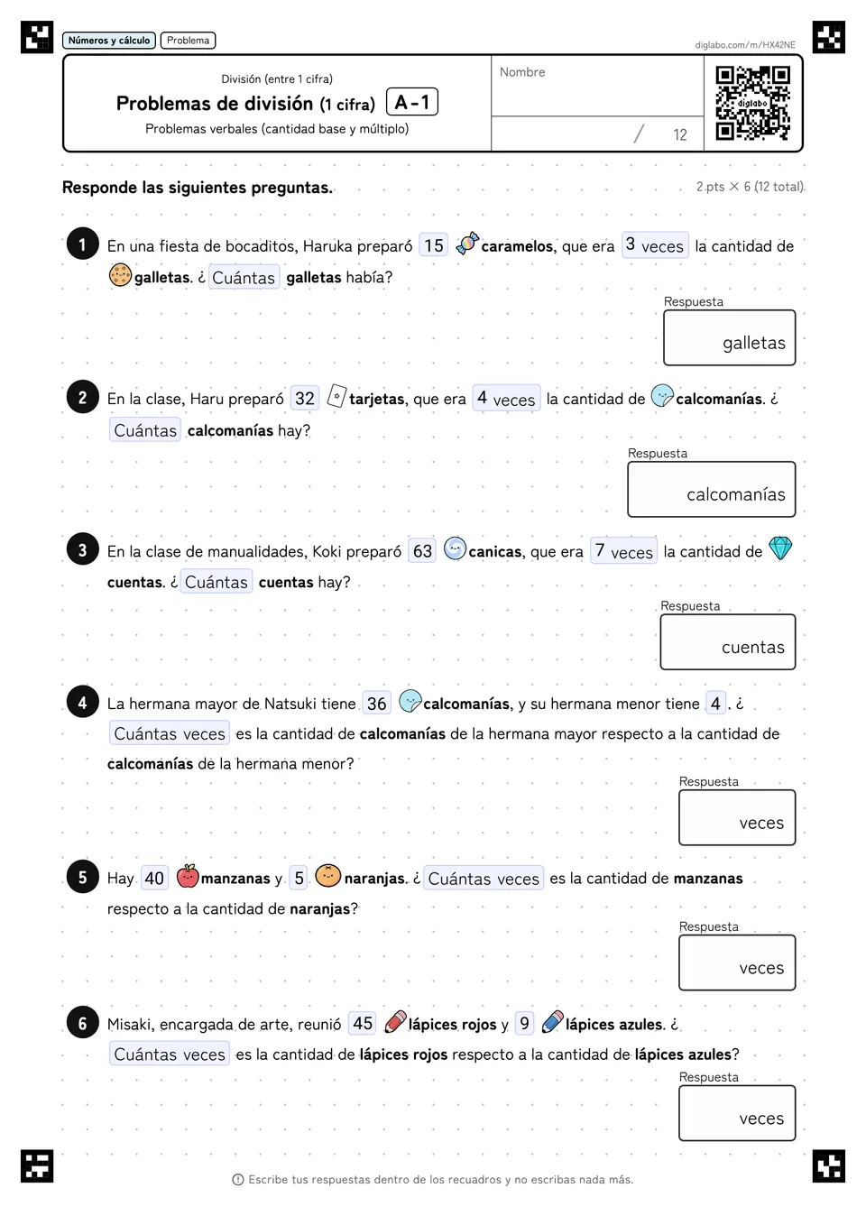Problemas de división (1 cifra) A-1