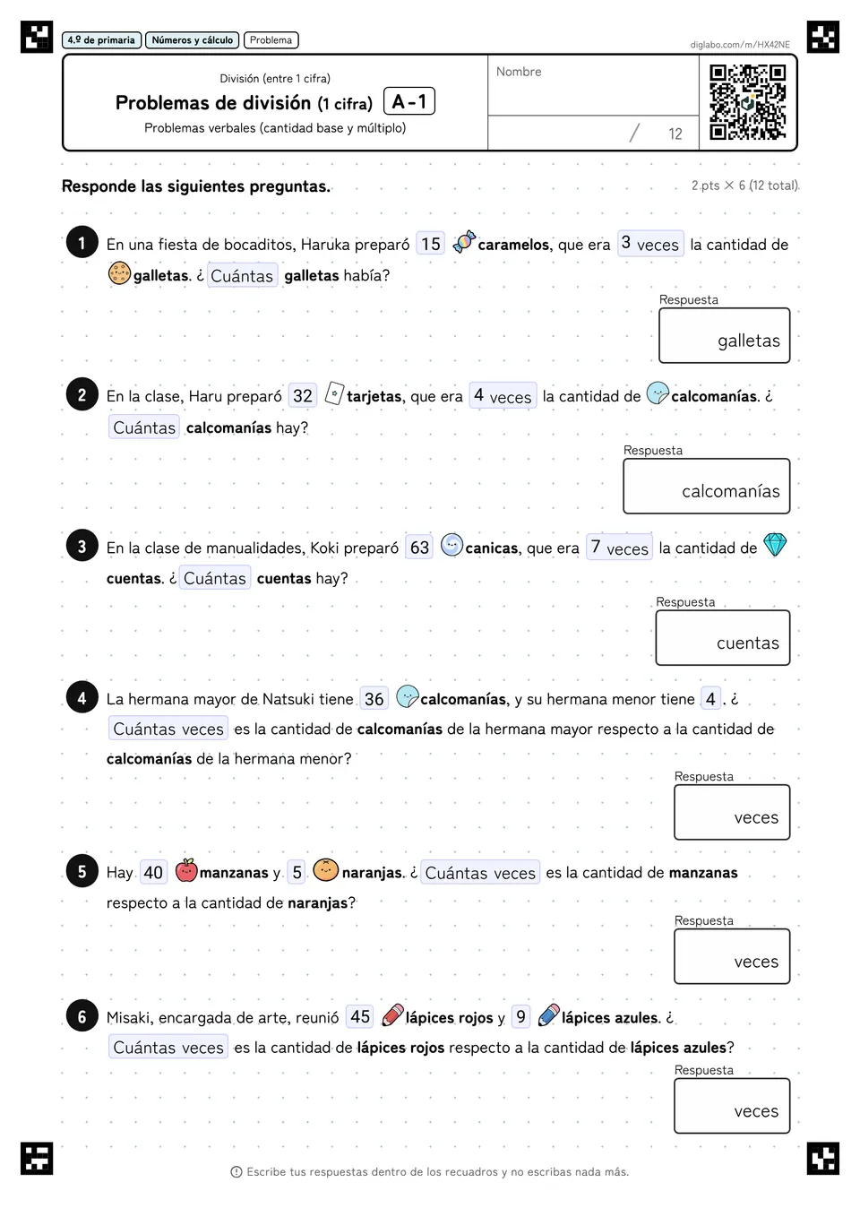 4.º de primaria División (entre 1 cifra) Problemas de división (1 cifra)