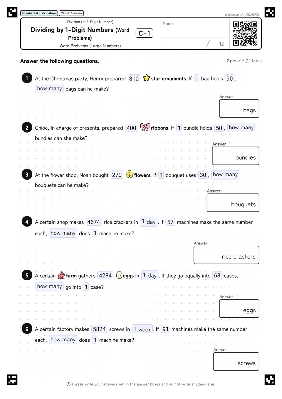 Dividing by 1-Digit Numbers (Word Problems) C-1