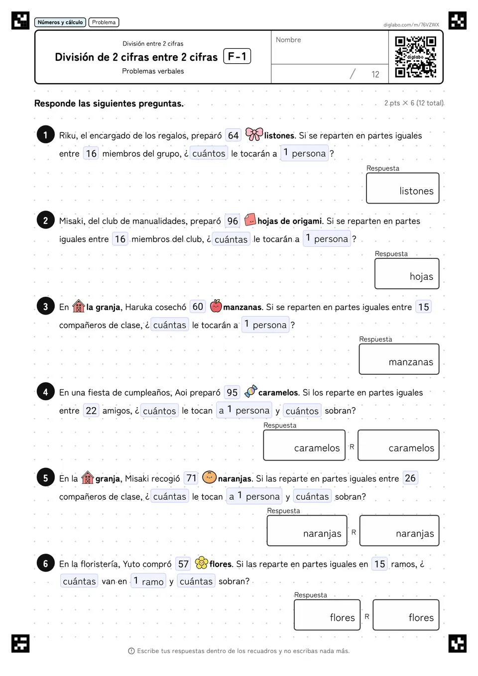 División de 2 cifras entre 2 cifras F-1