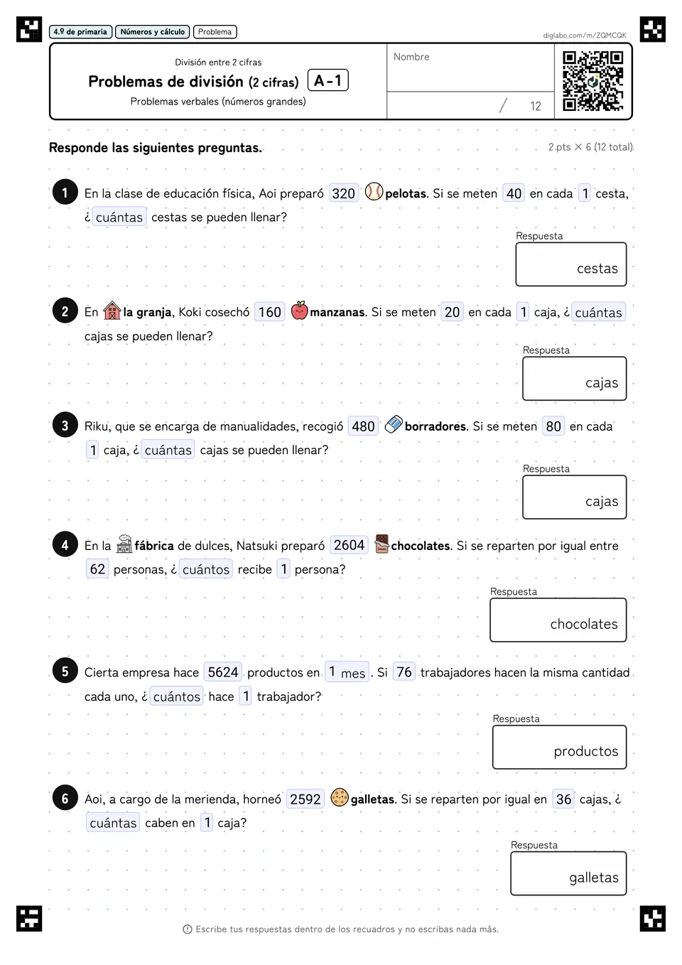 4.º de primaria División entre 2 cifras Problemas de división (2 cifras)