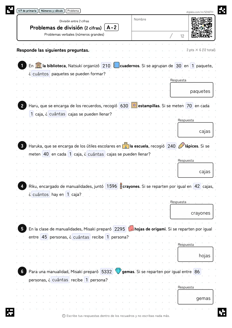 4.º de primaria División entre 2 cifras Problemas de división (2 cifras)