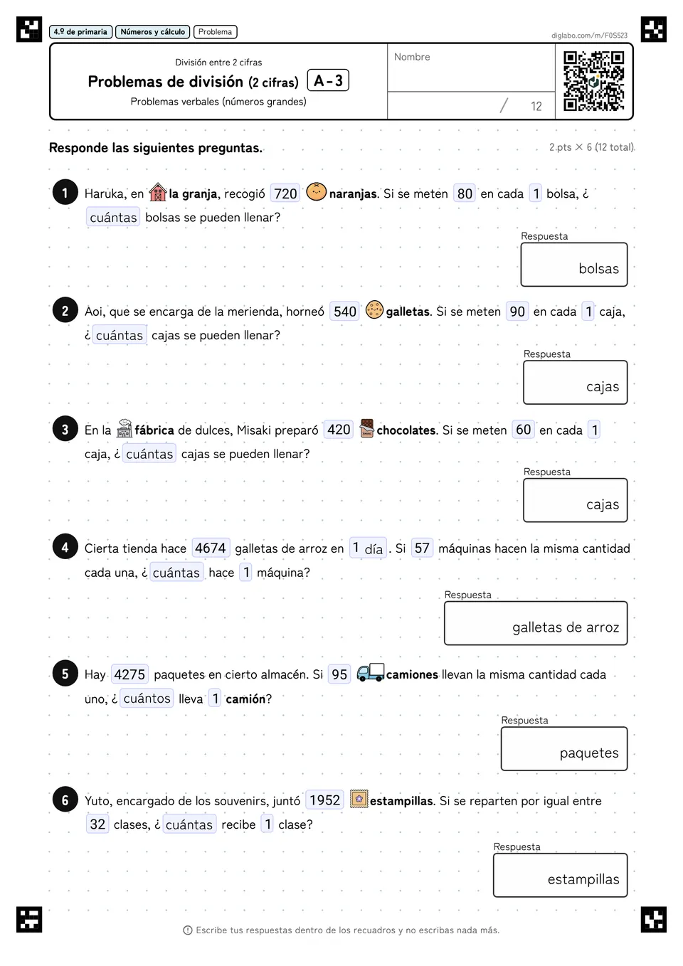 4.º de primaria División entre 2 cifras Problemas de división (2 cifras)