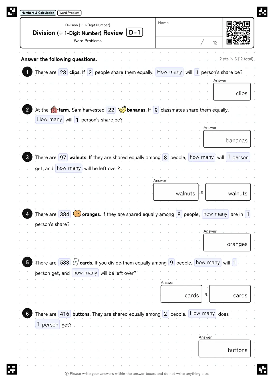 Division (÷ 1-Digit Number) Review D-1