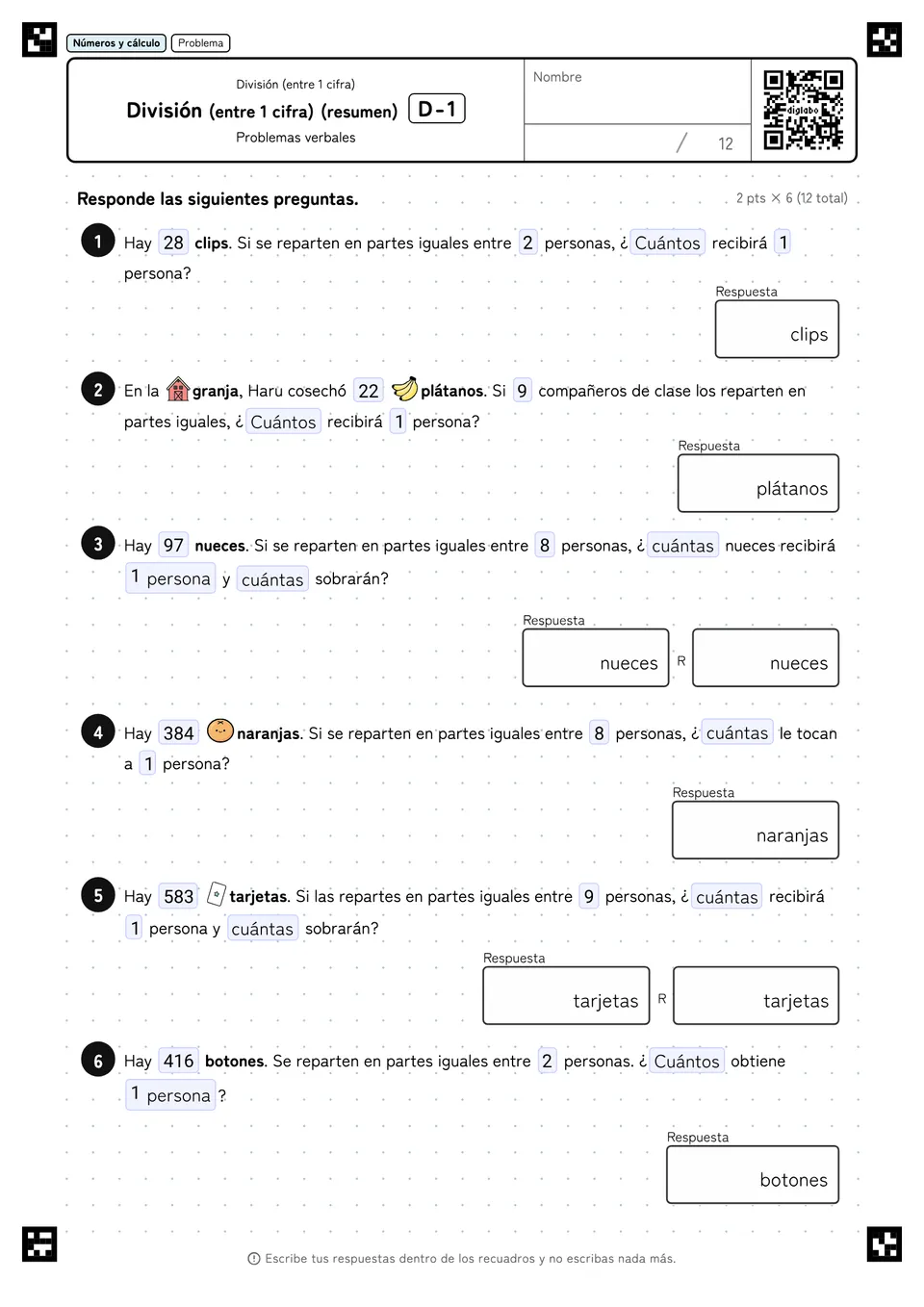 División (entre 1 cifra) (resumen) D-1