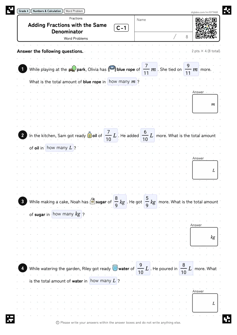 Grade 4 (Elementary School) Fractions Adding Fractions with the Same Denominator