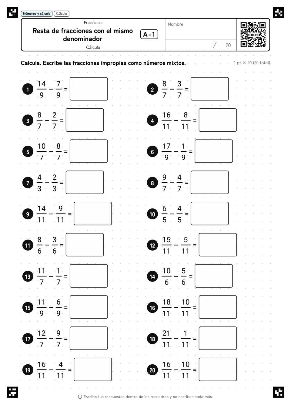Resta de fracciones con el mismo denominador A-1