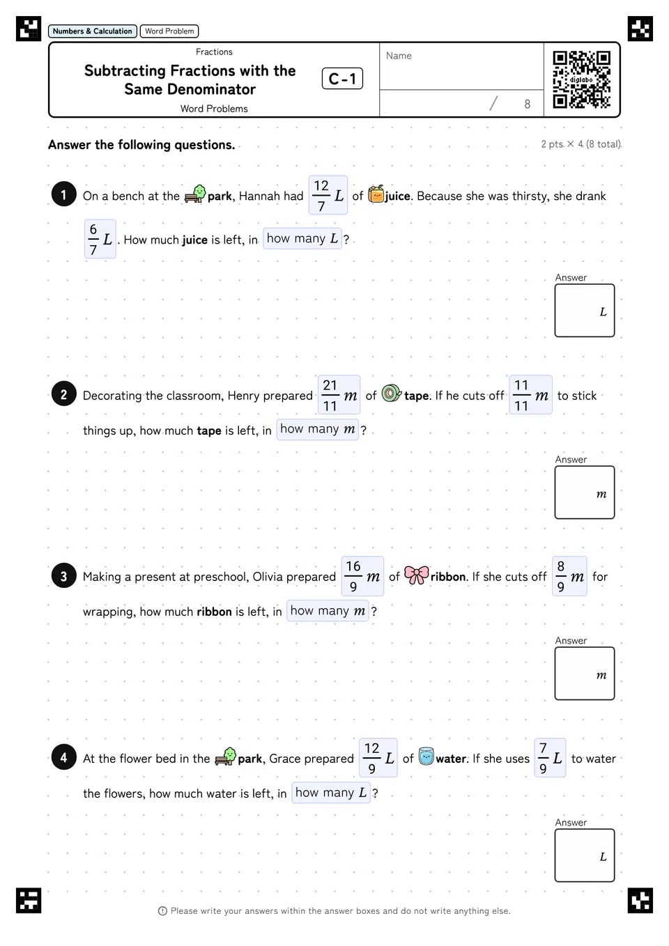 Subtracting Fractions with the Same Denominator C-1