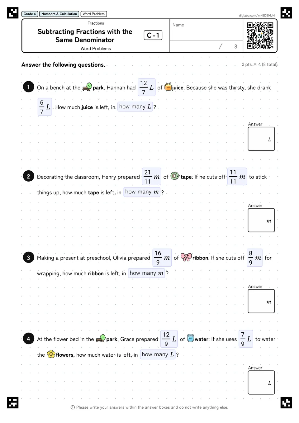 Grade 4 (Elementary School) Fractions Subtracting Fractions with the Same Denominator