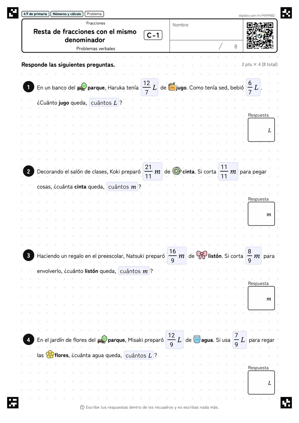 4.º de primaria Fracciones Resta de fracciones con el mismo denominador