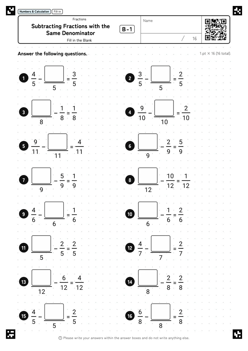 Subtracting Fractions with the Same Denominator B-1