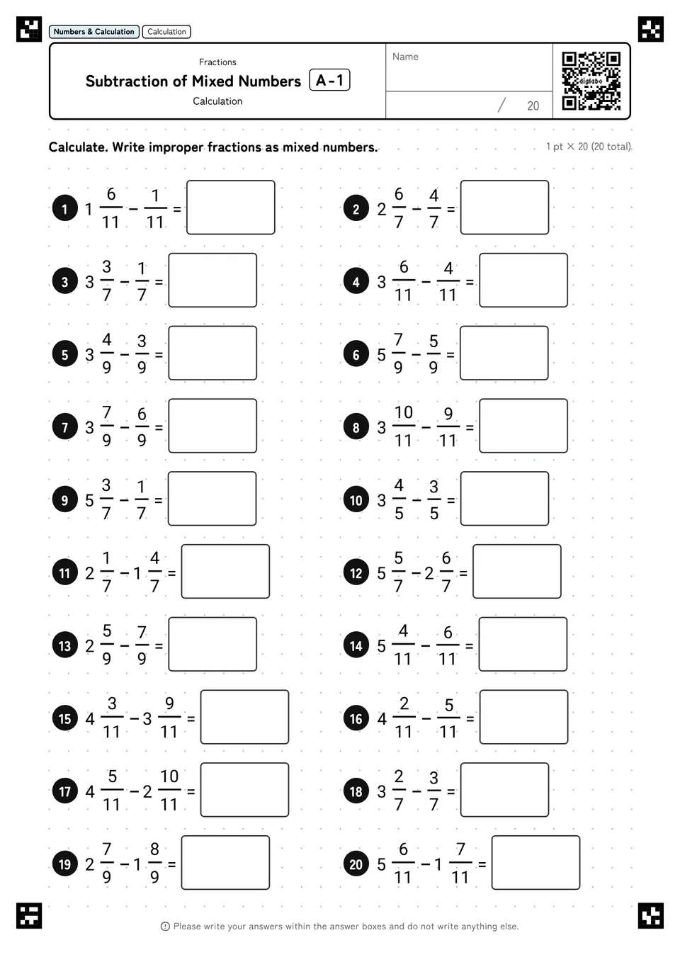 Subtraction of Mixed Numbers A-1