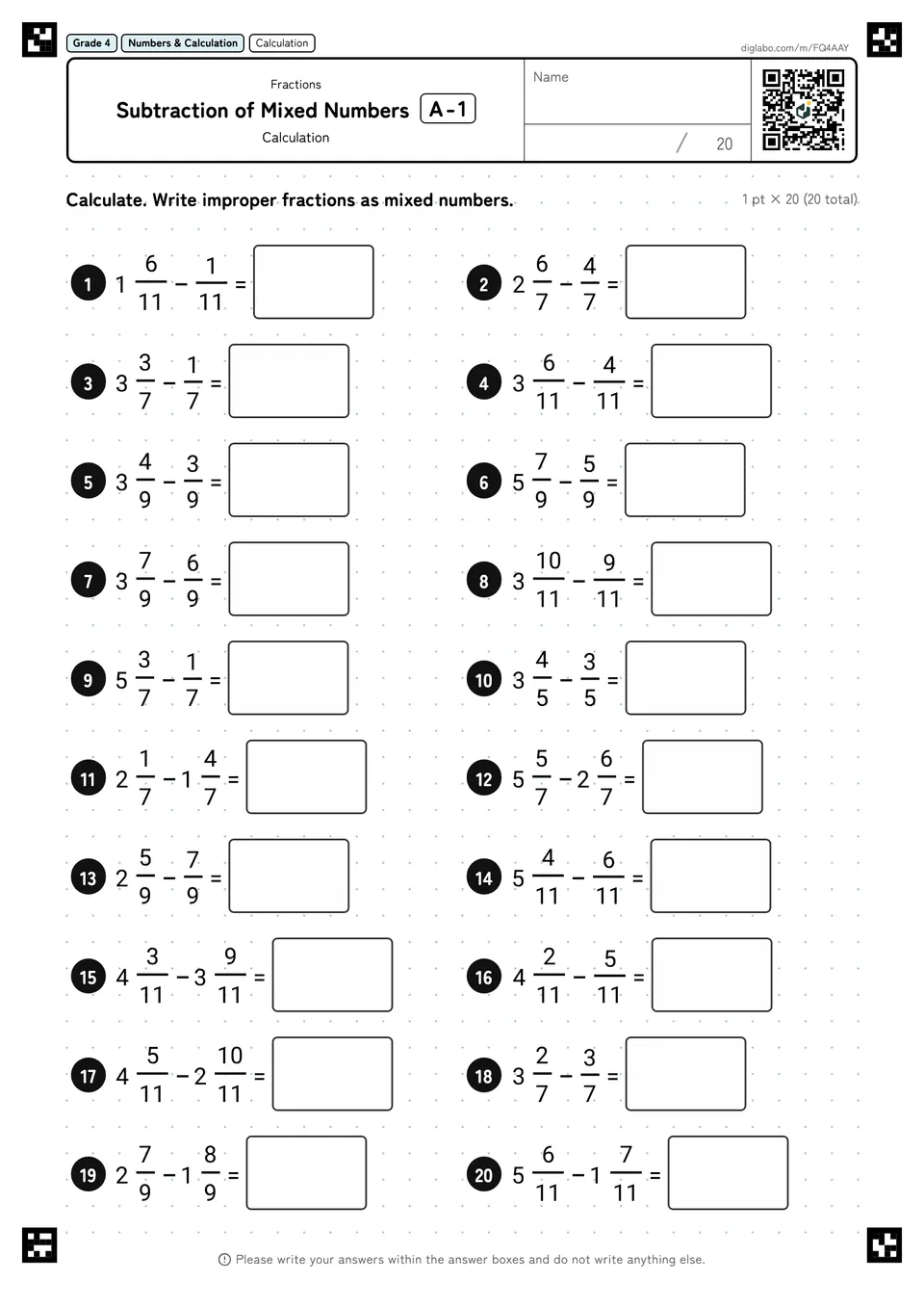 Grade 4 (Elementary School) Fractions Subtraction of Mixed Numbers