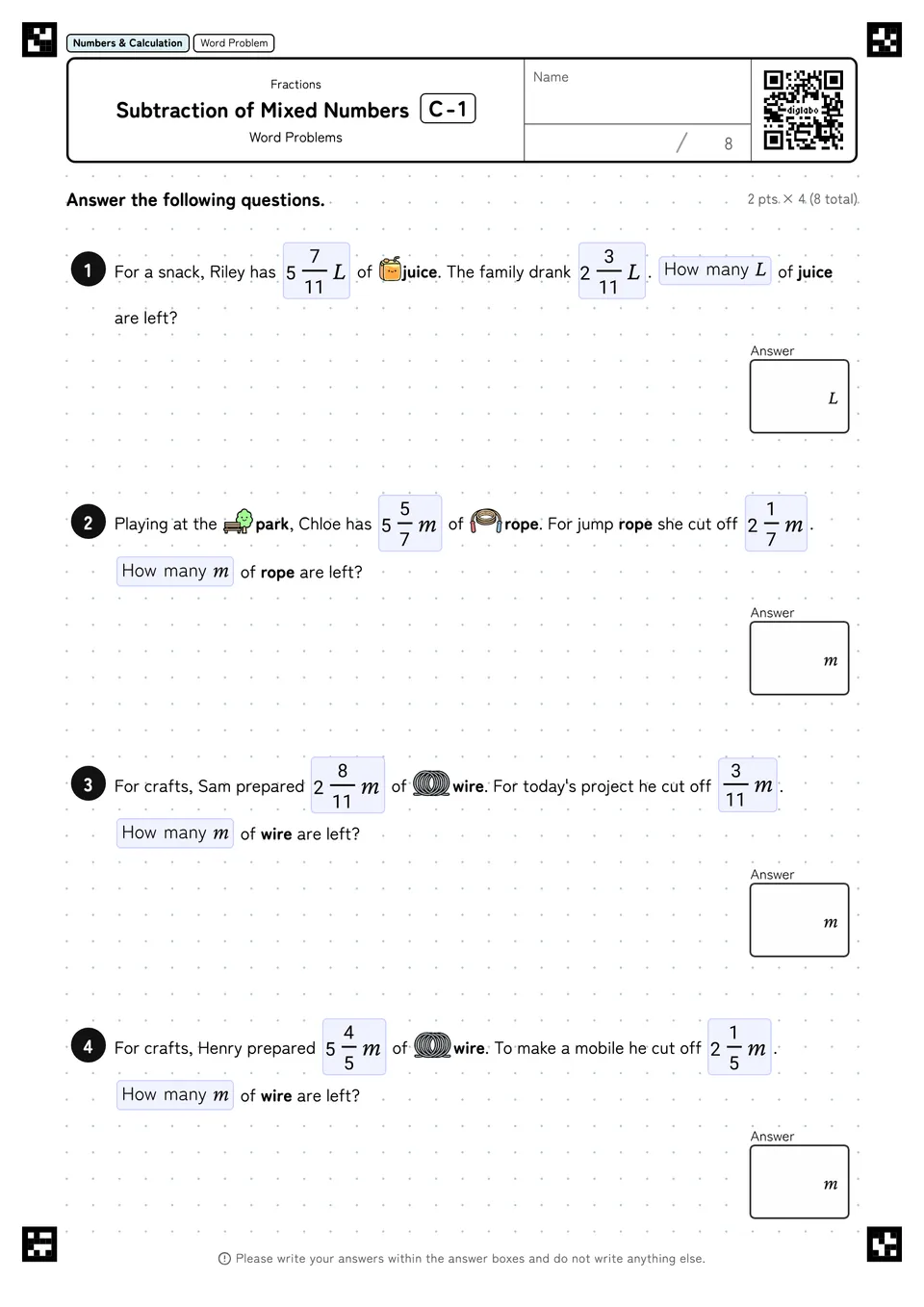Subtraction of Mixed Numbers C-1