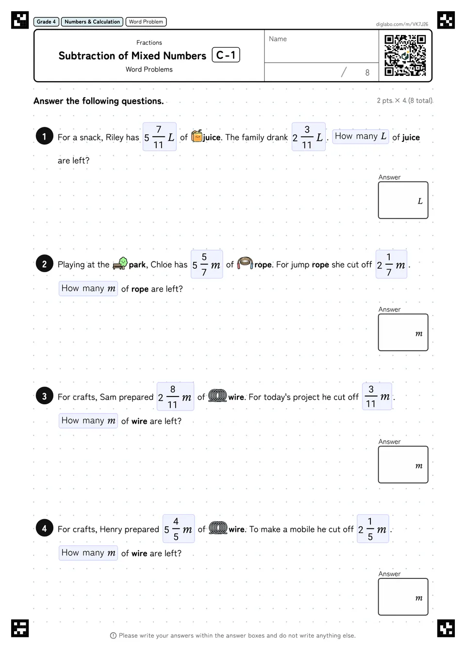 Grade 4 (Elementary School) Fractions Subtraction of Mixed Numbers