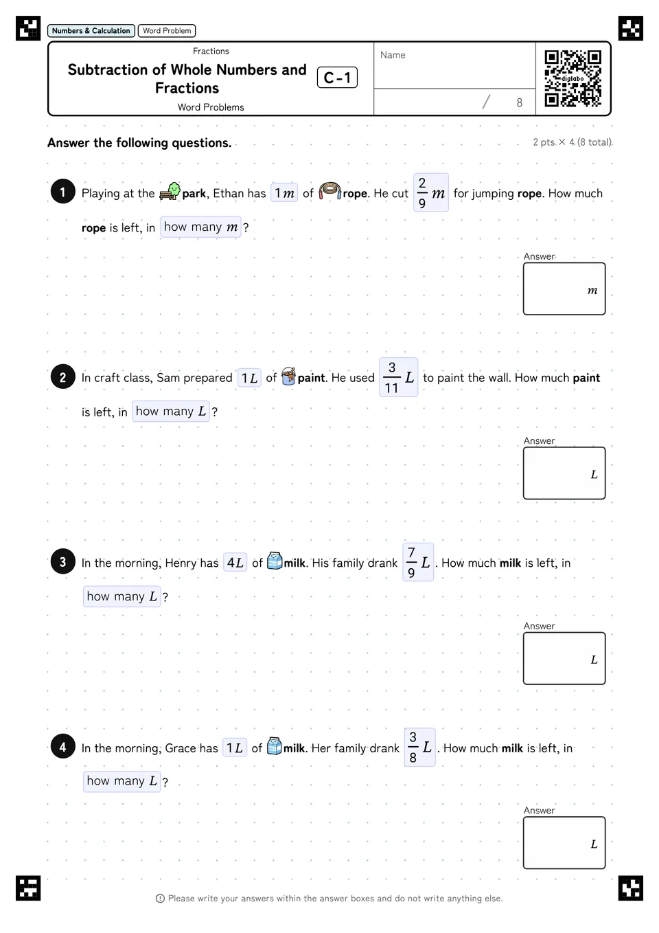 Subtraction of Whole Numbers and Fractions C-1